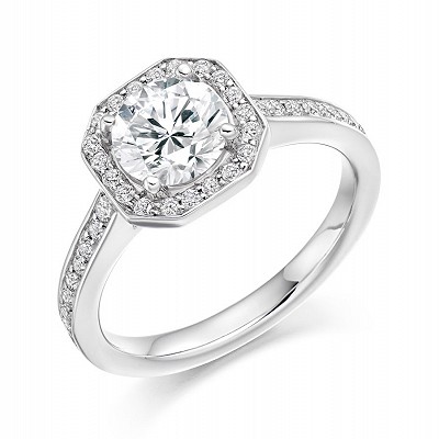 Round Brilliant Diamond Solitaire with Diamond Halo & Shoulders