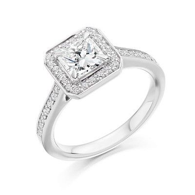 Princess Cut Diamond Solitaire with Diamond Halo & Shoulders