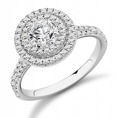 Round Brilliant Diamond Solitaire with Double Diamond Halo & Shoulders