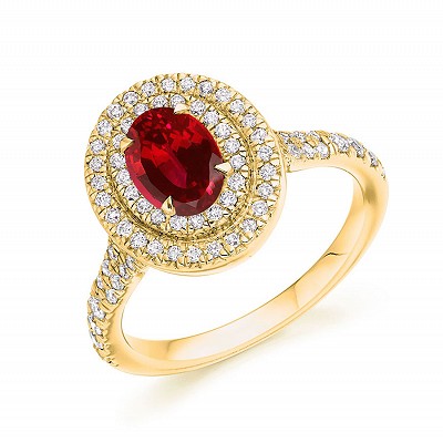 Oval Ruby with Double Diamond Halo & Shoulders