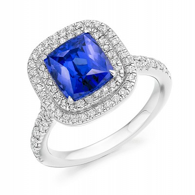 Radiant Cut Tanzanite with Double Diamond Halo & Shoulders