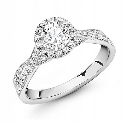 Round Brilliant Diamond Solitaire with Diamond Halo & Shoulders