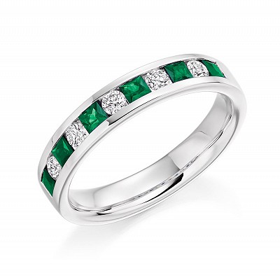 Princess Cut Emerald & Round Brilliant Diamond Half Eternity Ring