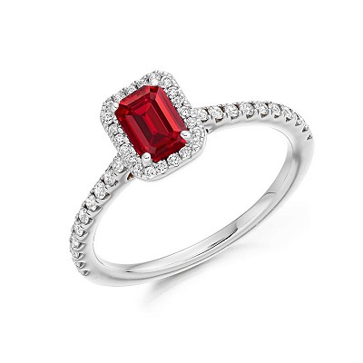 Emerald Cut Ruby with Diamond Halo & Shoulders